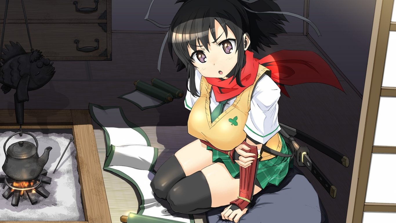 asuka, дом, kimura tatsuki , свиток, арт, senran kagura, меч, девушка