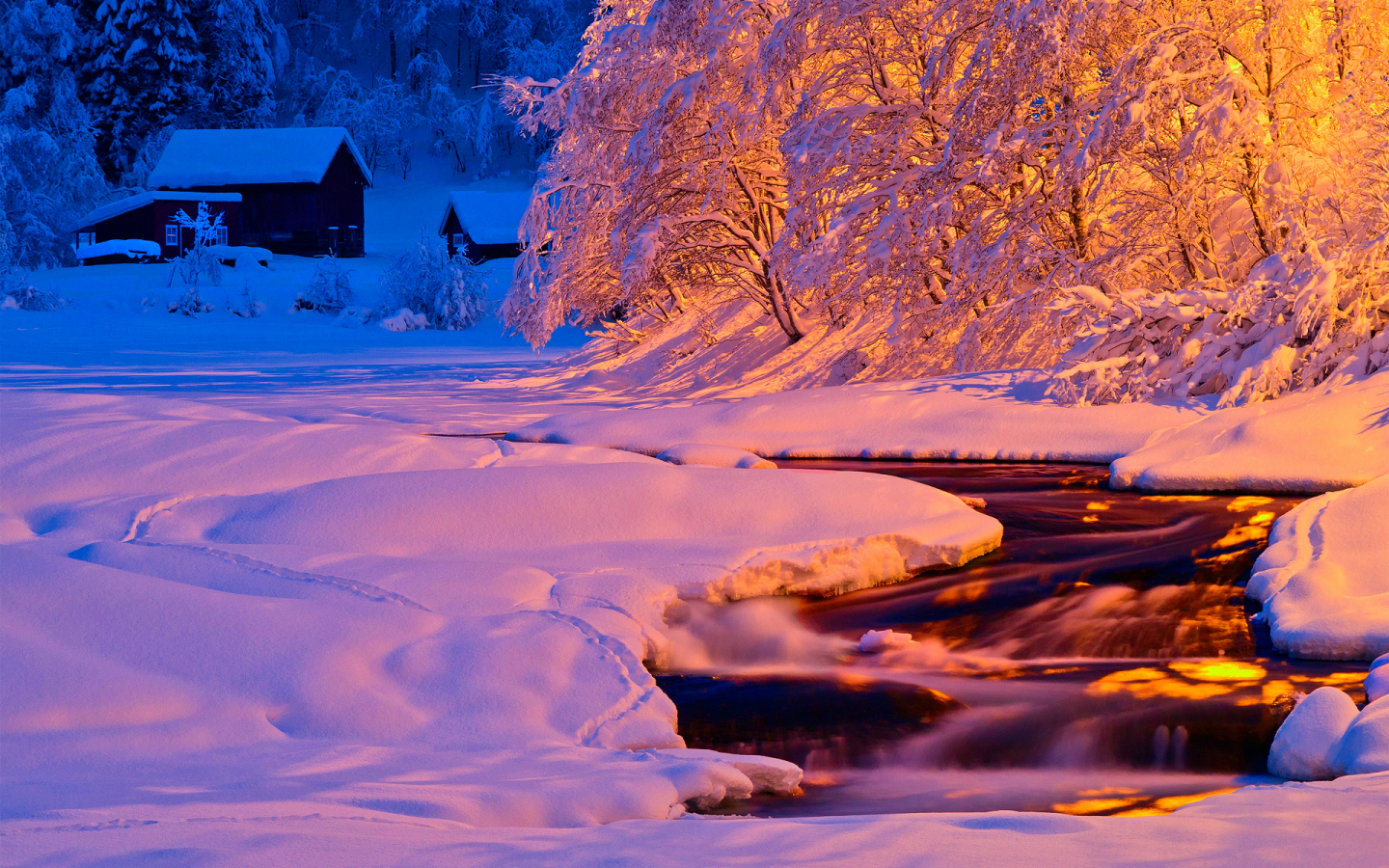 зима, поток, природа, свет, река, снег, ночь, вечер