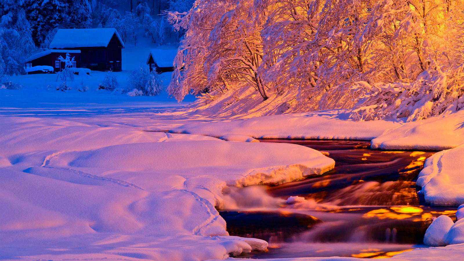 зима, поток, природа, свет, река, снег, ночь, вечер