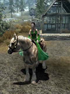 the elders scrolls v, skyrim, всадница, женщина, в платье, зелёное, конь
