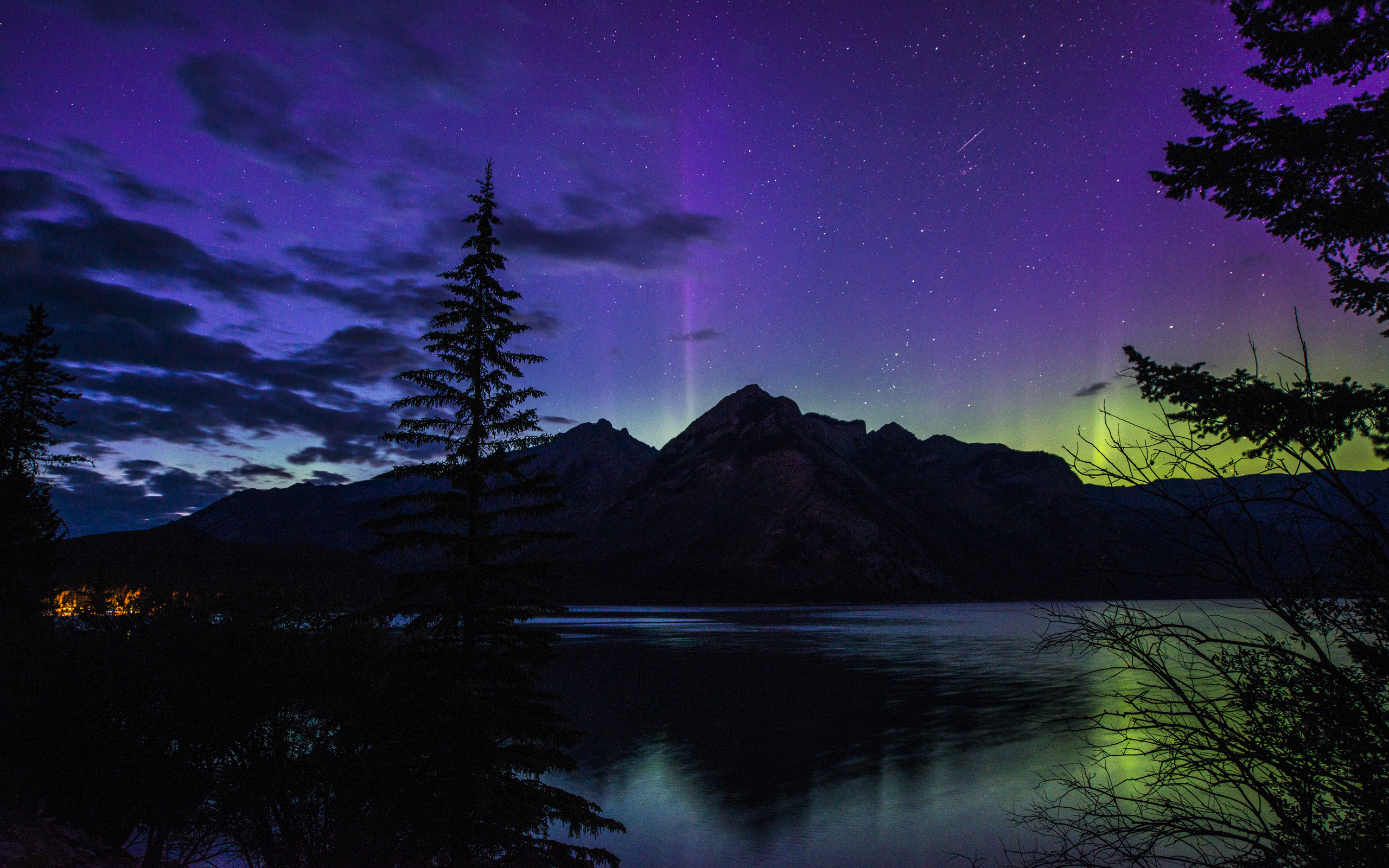 озеро, лес, beautiful, night, гора, ночь, banff national park, canada, alberta