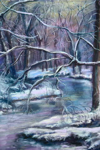 пейзаж, ветки, деревья, зима, снег, живопись, речка