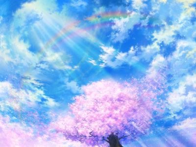 радуга, сакура, tsujiki, небо, природа, облака, арт