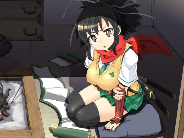 asuka, дом, kimura tatsuki , свиток, арт, senran kagura, меч, девушка