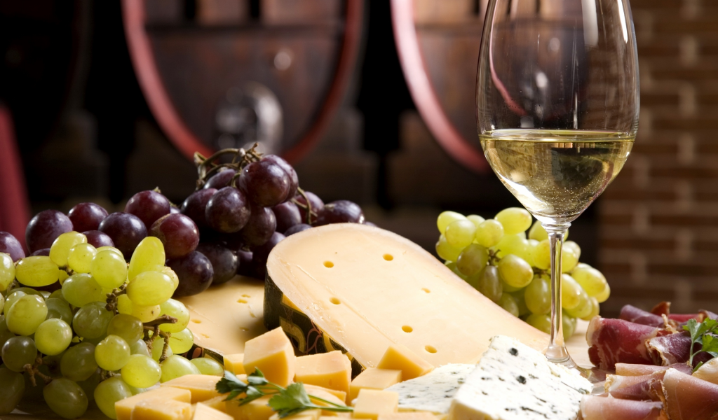вино, cheese, белое, бокал, виноград, сыр