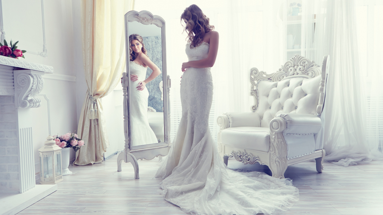 невеста, платье, стиль, кресло, свадебное платье, отражение, зеркало