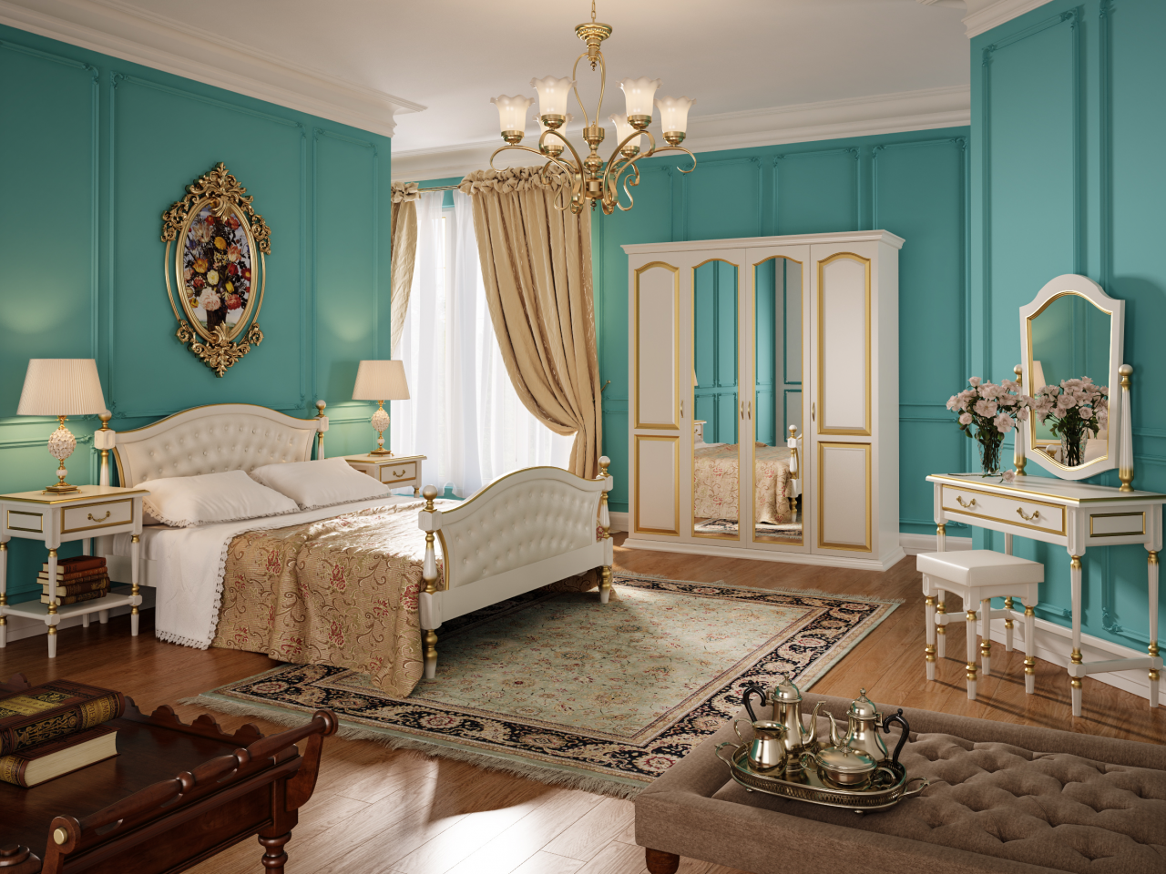 комната, интерьер, окно, голубой, спальня, кровать, дизайн