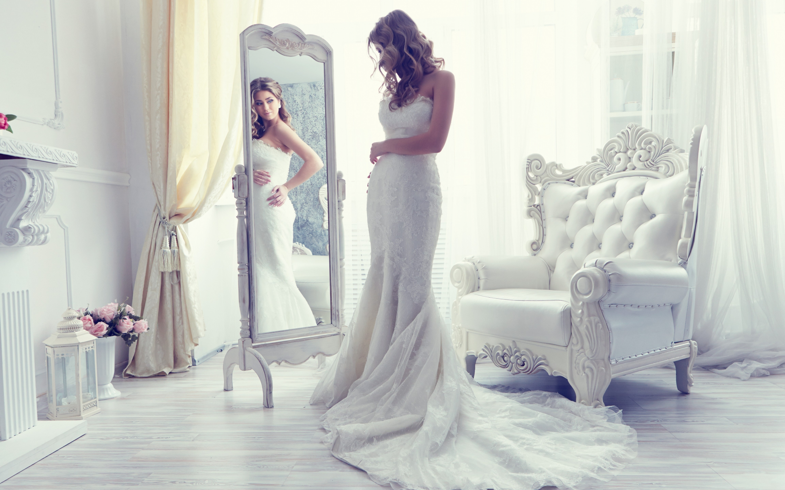 невеста, платье, стиль, кресло, свадебное платье, отражение, зеркало