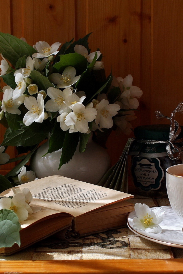 чашка, чай, цветы, чаепитие