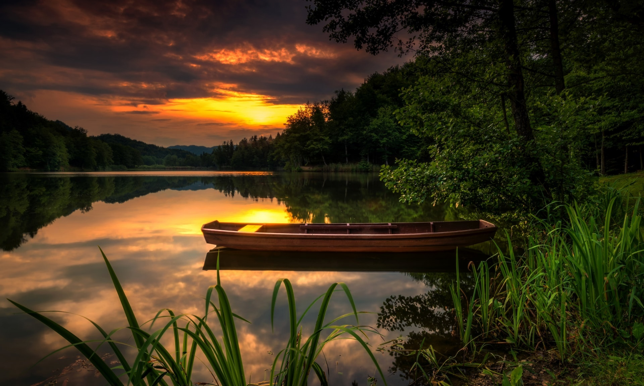 закат, лодка, озеро
