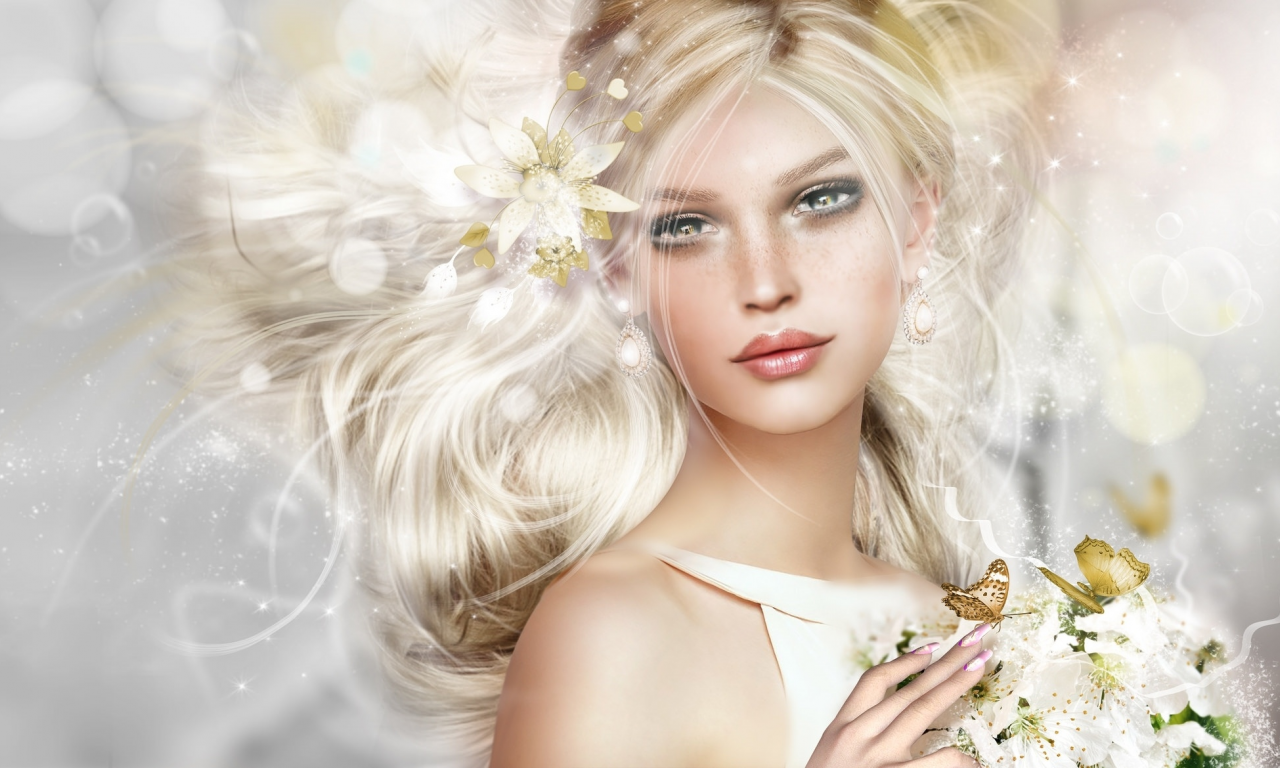 портрет, девушка, цветы, бабочка, блондинка