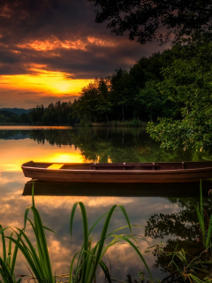 закат, лодка, озеро