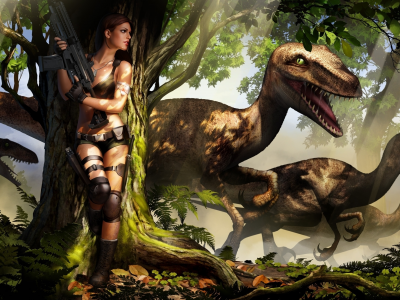 девушка, динозавры, оружие