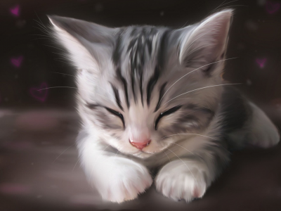 кошка, рисунок, арт, спит, котенок, морда, кот
