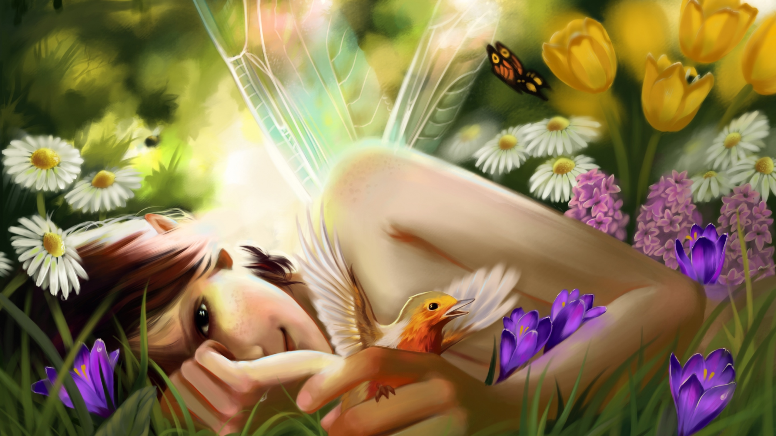 цветы, фея, девушка, бабочка, птица