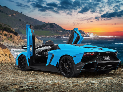 lamborghini aventador, спорткар, море, небо