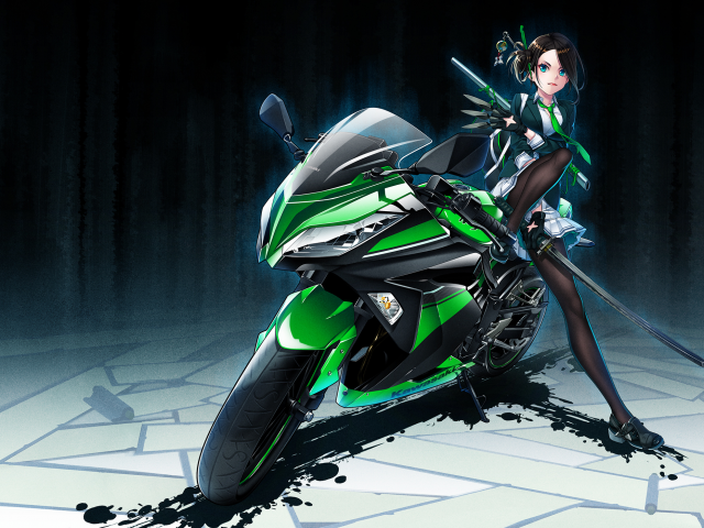 девушка, меч, мотоцикл