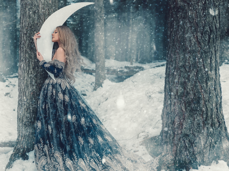 зима, деревья, волосы, сказочно, платье, девушка, месяц, мило, лес