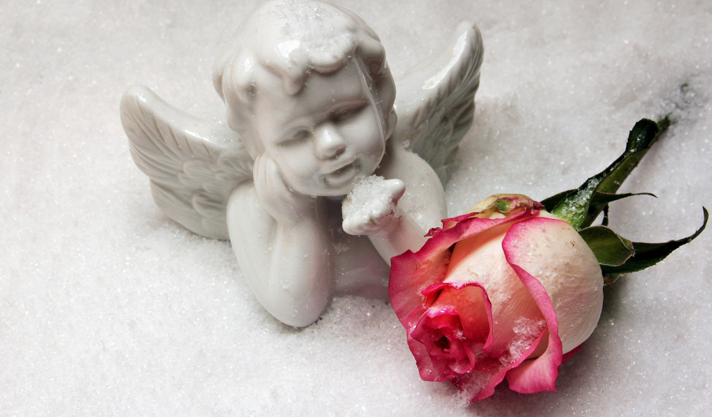 winter, romantic, rose, love, angel, snow, cupid