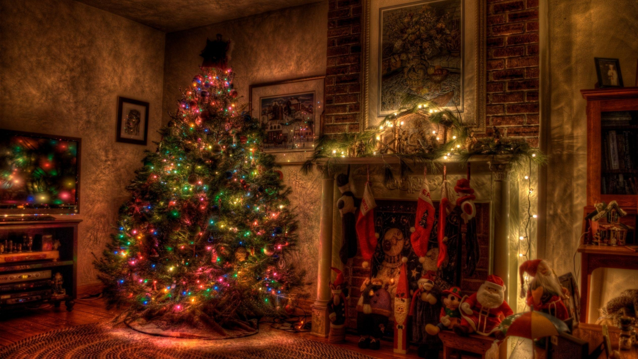 рождество, елка, праздник, новый год, игрушки, камин, гирлянда, огни