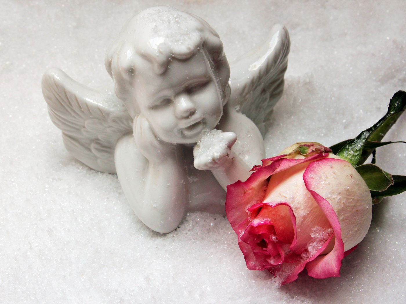 winter, romantic, rose, love, angel, snow, cupid