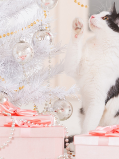 игрушки, украшение, новый год, праздник, бусы, подарки, кошка