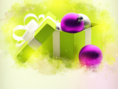 зеленая, шары, ленточка, новогодние, снежинки, игрушки, фон, коробка