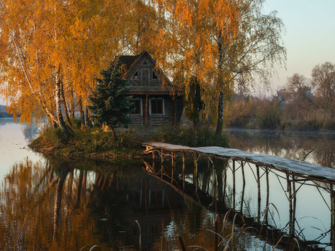 озеро, мостик, дом, осень