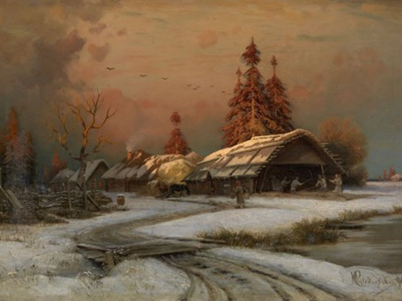 картина, маслом, в деревне, зима, суходольский петр