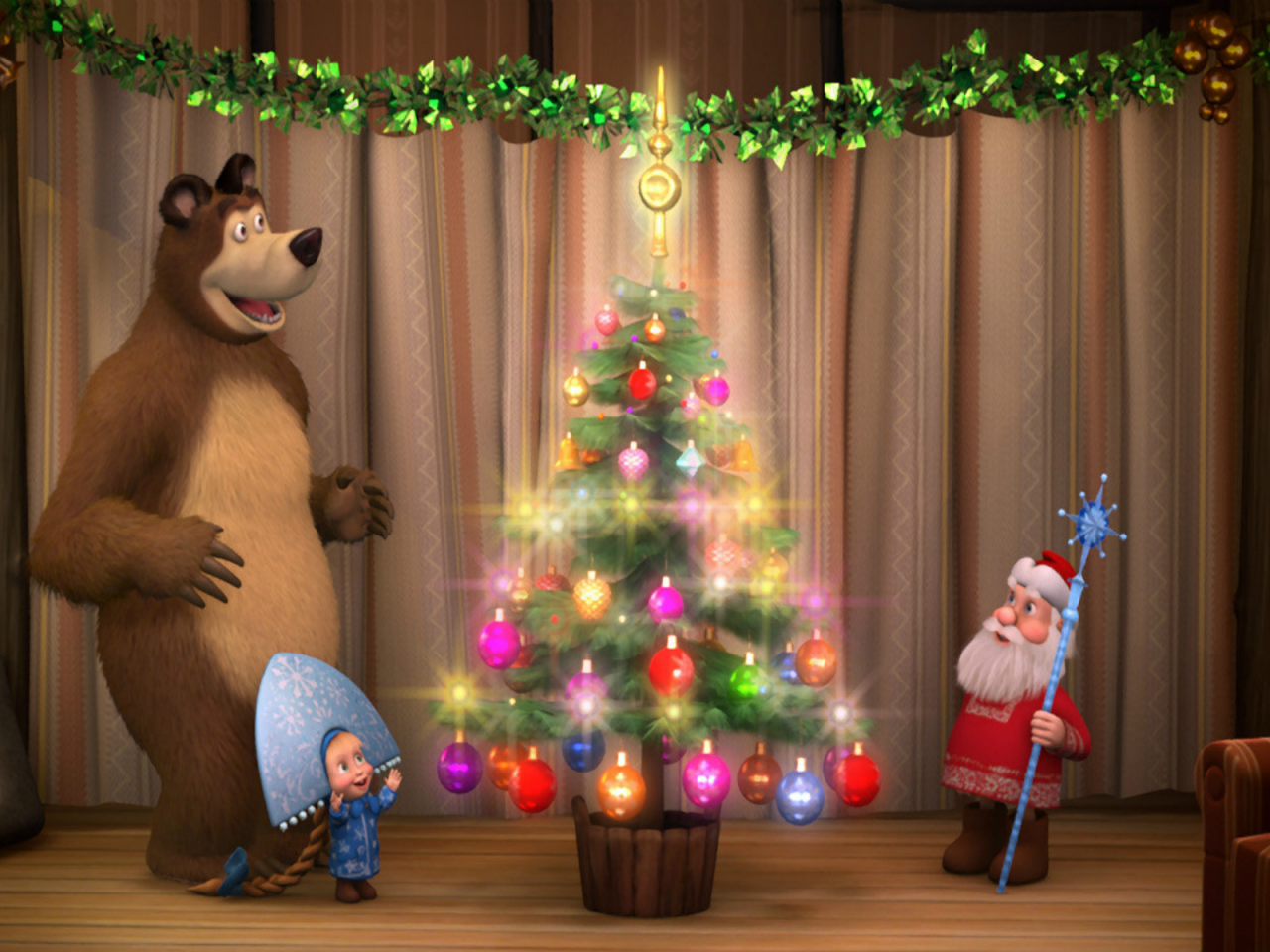 маша и медведь, новый год, елка, дед мороз, мультик