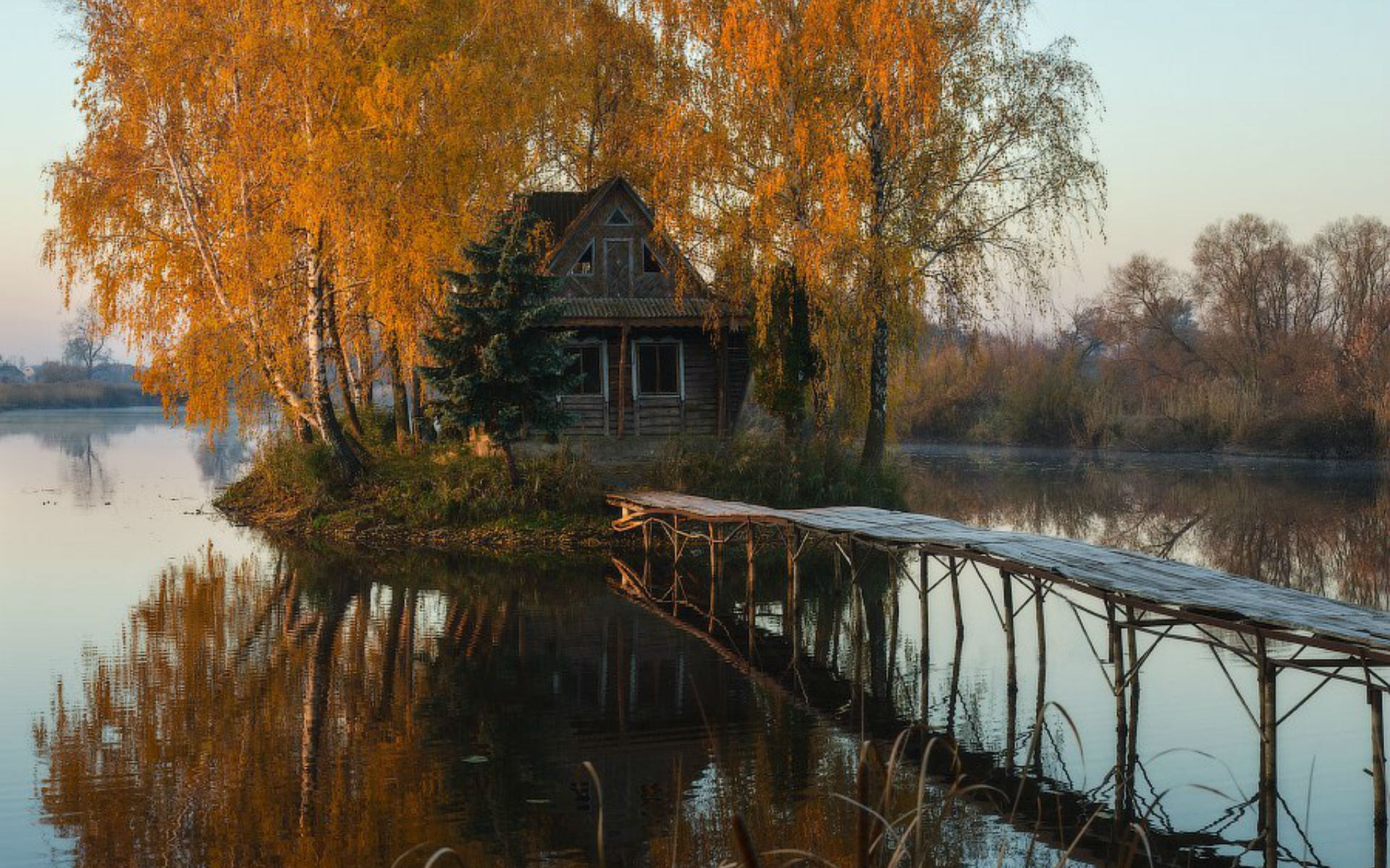 озеро, мостик, дом, осень