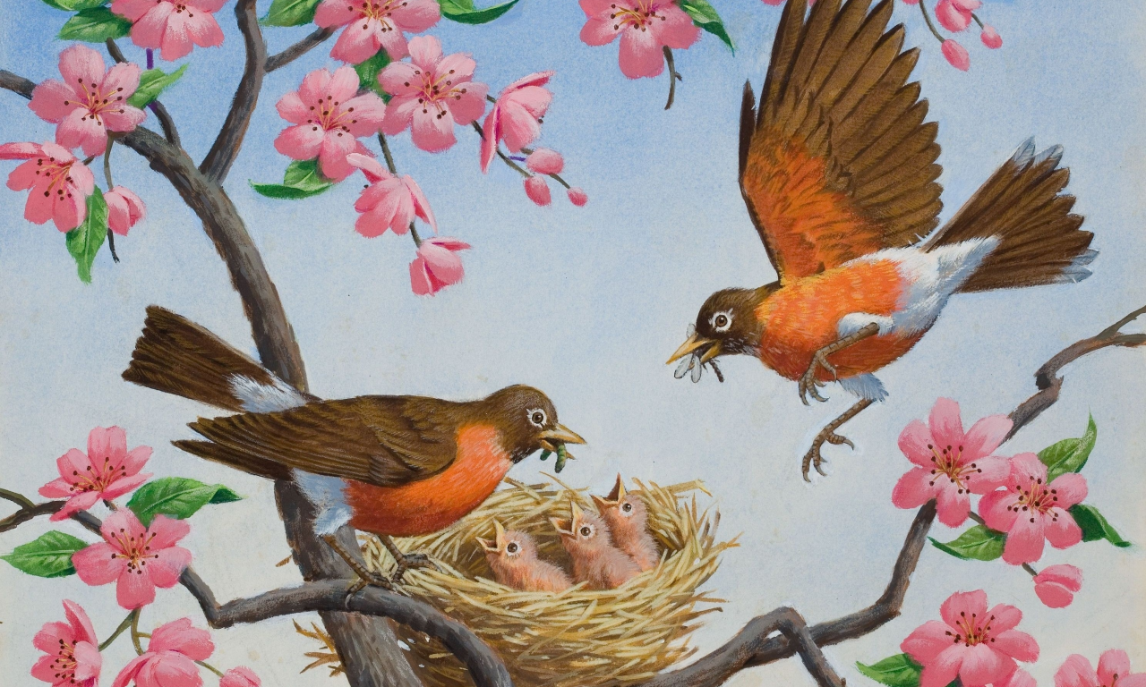 фрагмент, rthur aron arnoff, птичка, весна, гнездо, арт, цветы