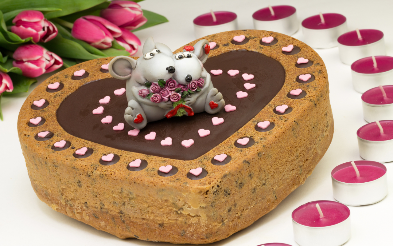 день святого валентина, торты, сладости, мыши, тюльпаны, свечи, сердце
