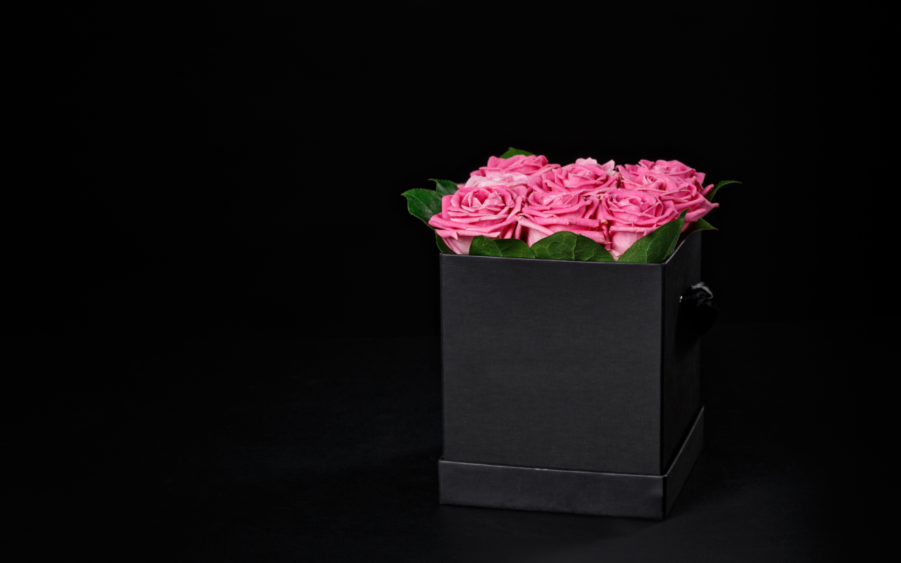 розы, розовые, букет, коробка