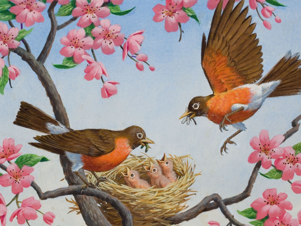 фрагмент, rthur aron arnoff, птичка, весна, гнездо, арт, цветы