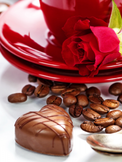 день святого валентина, розы, конфеты, кофе, зерна, блюдце, ложка