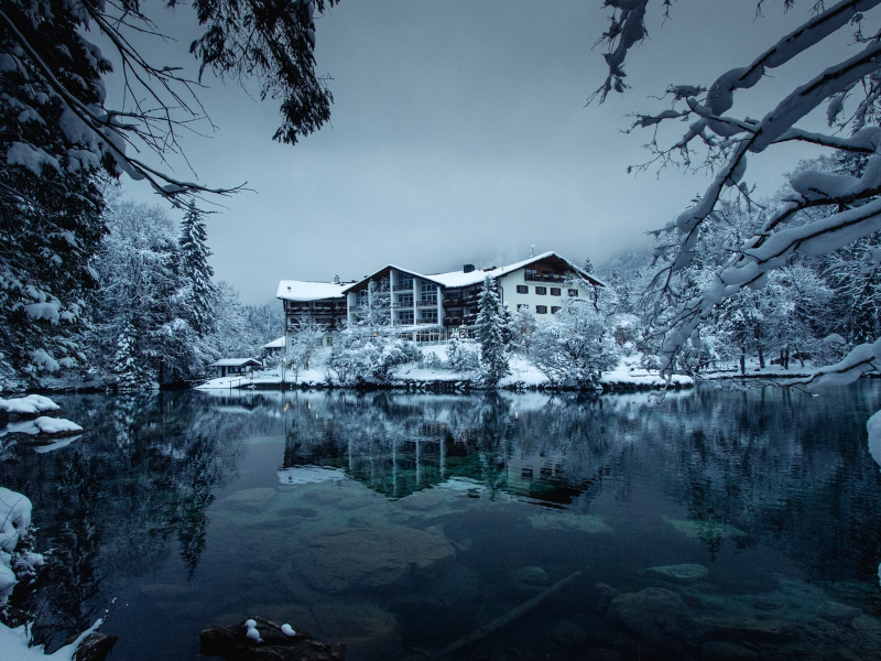 дом, озеро, зима, лес