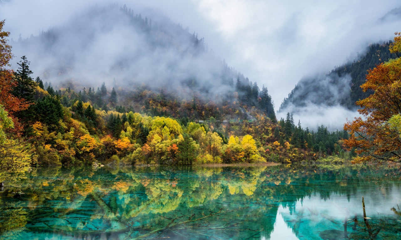 леса, осень, озеро, итай, туман, природа, горы, краски