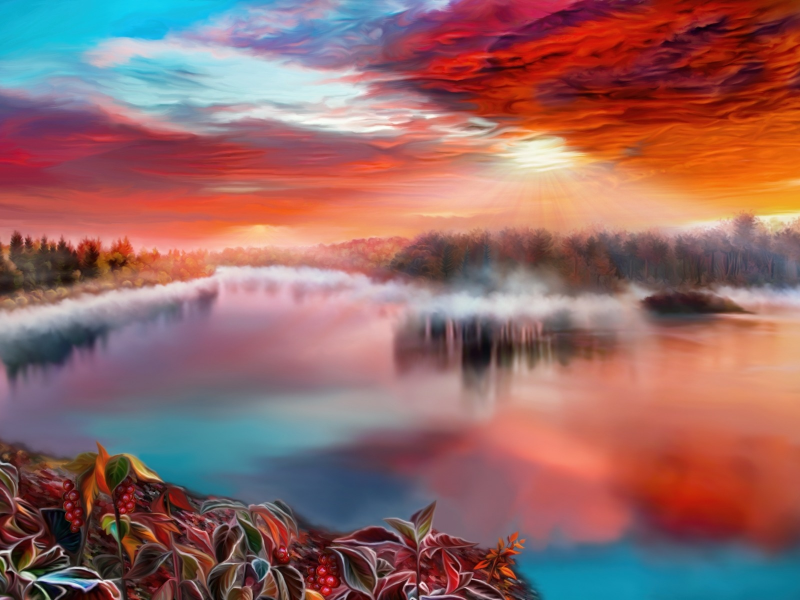 закат, небо, by exobiology, озеро, деревья, туман, природа, цветы
