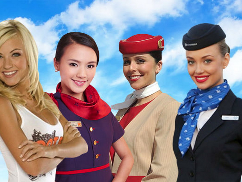 четыре девушки, стюардессы, бортпроводницы, одежда, улыбка, фон, небо, облака