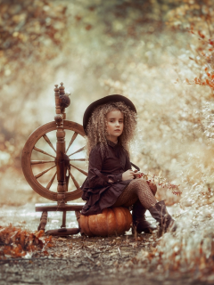 осень, листва, девочка, тыква, хеллоуин, боке, веретено, маленькая ведьмочка