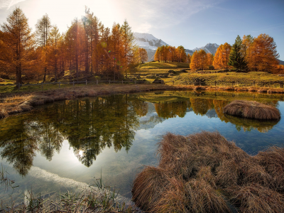 осень, свет, горы, природа, пруд, отражение