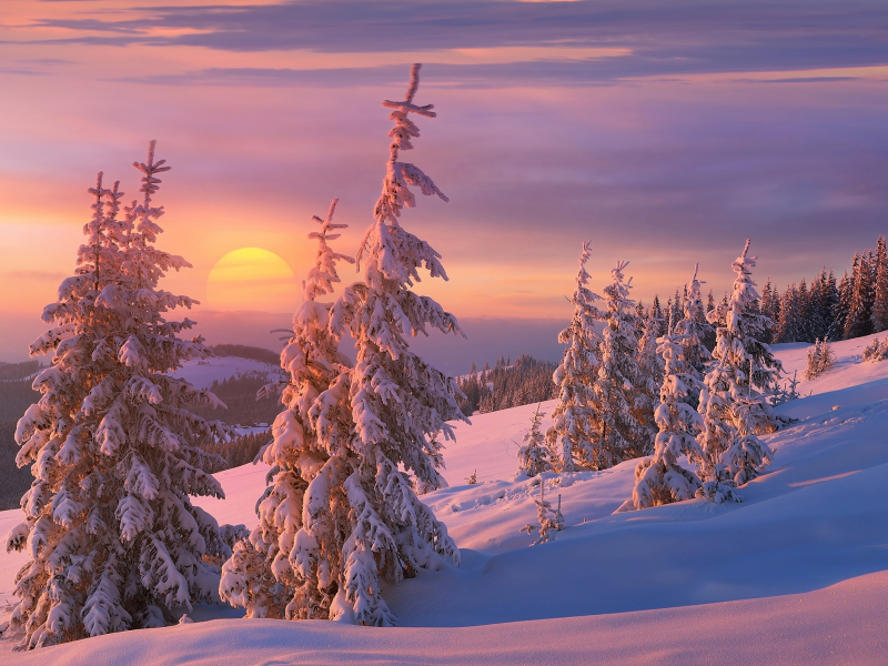 зима, солнце, облака, снег, закат, горы, холмы, красота, вечер, ели, склон, мороз, тени, ёлки, сказочно, ёлочки