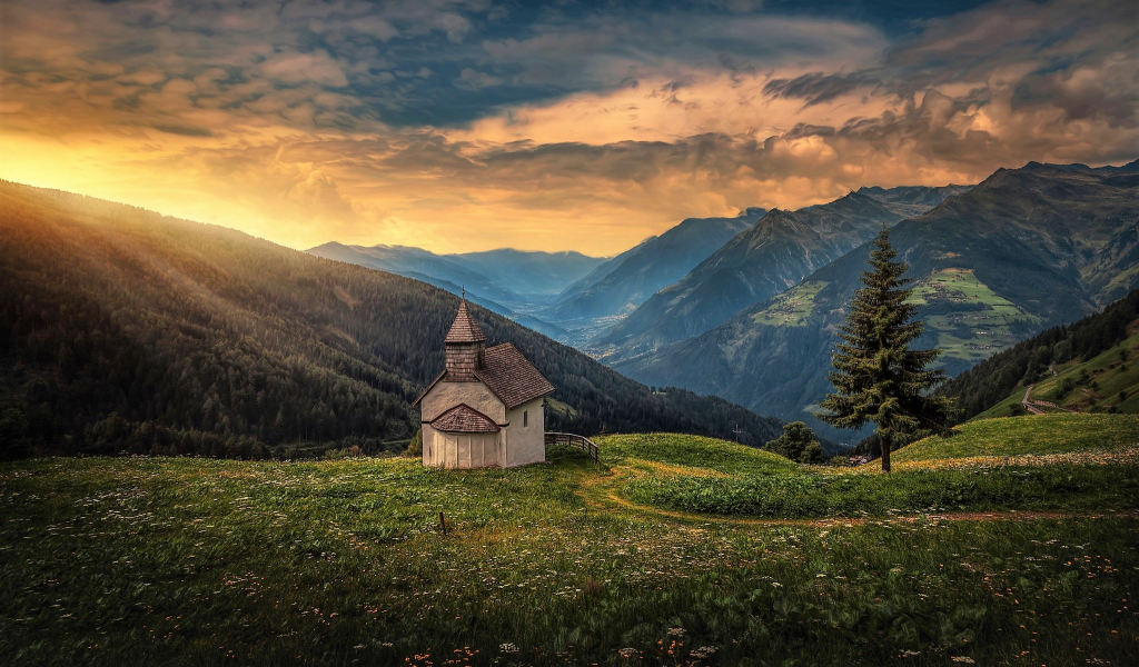 church, mountains, landscape, nature, beauty