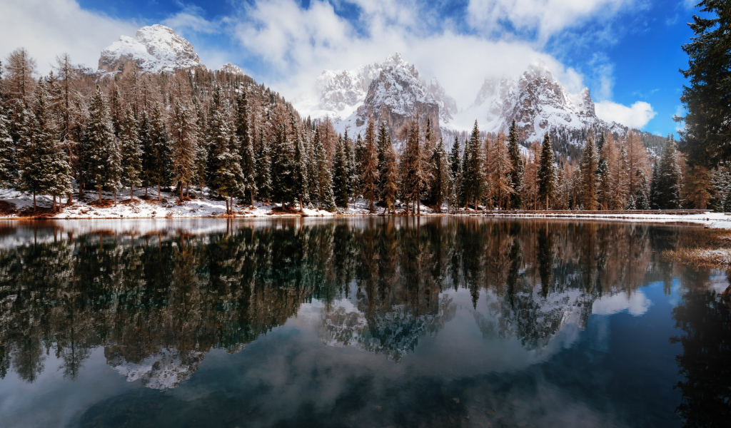 горы, отражение, озеро, деревья