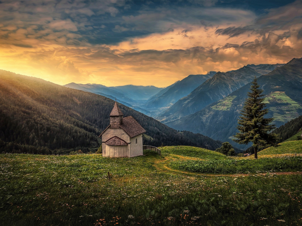 church, mountains, landscape, nature, beauty