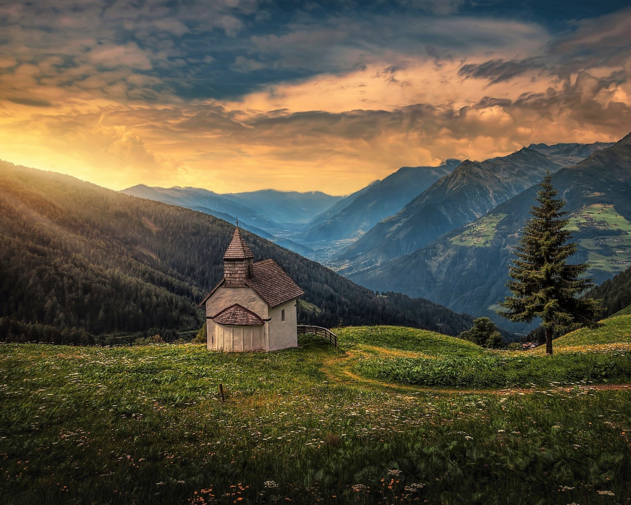 church, mountains, landscape, nature, beauty