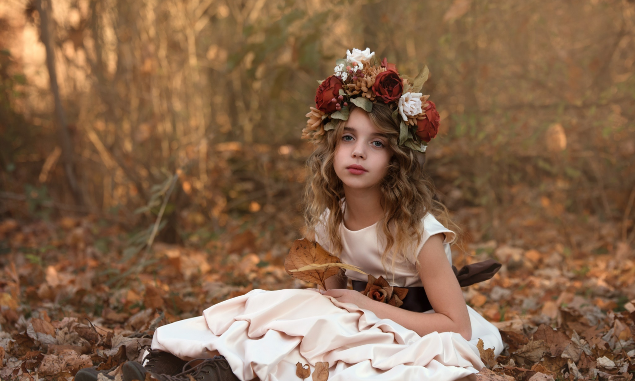 платье, осень, природа, ботинки, венок, цветы, девочка