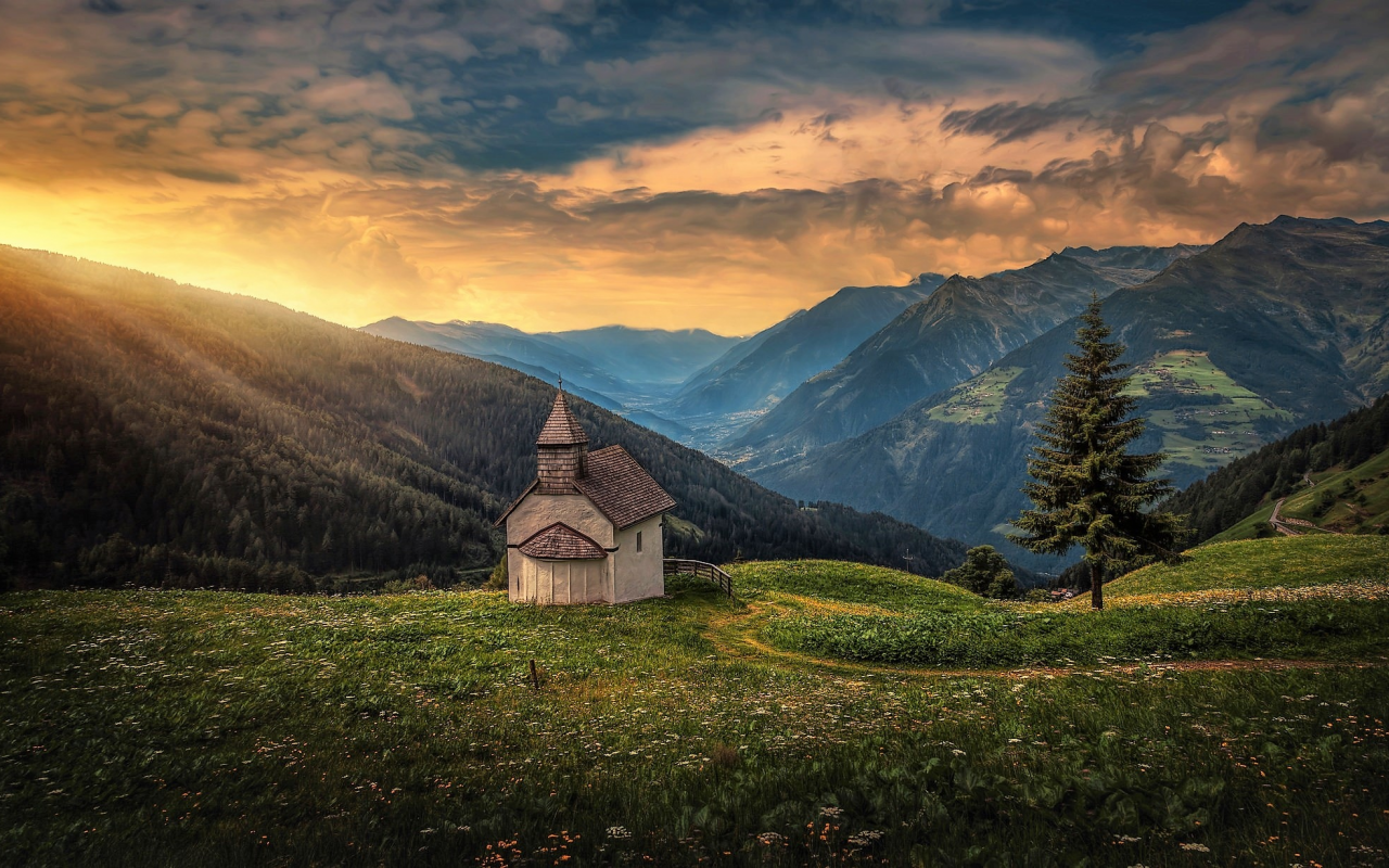 church, mountains, landscape, nature, beauty