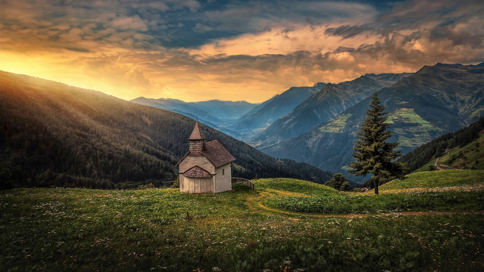 church, mountains, landscape, nature, beauty